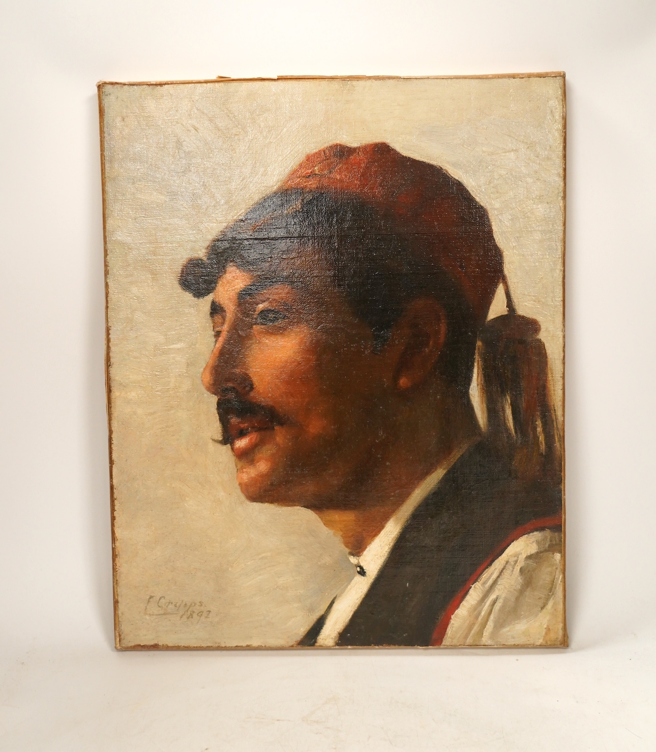 Italian, oil on canvas, Study of an Italian gentleman's head, indistinctly signed and dated 1892, 38 x 30cm. Condition - fair, re-lined